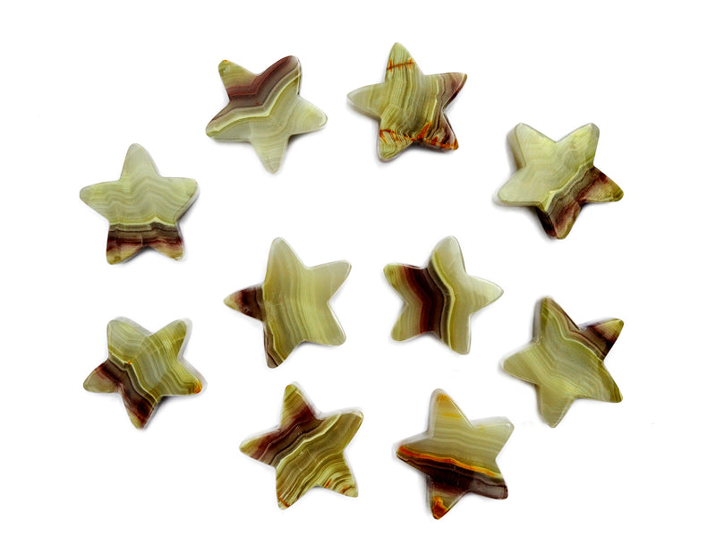 Several pink banded onyx star shapped minerals 55mm-60mm on white background