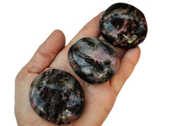 Three rhodonite palm stone crystals on hand with white background
