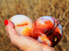 Two natural carnelian crystal balls 70mm-80mm on hand with straw landscape background