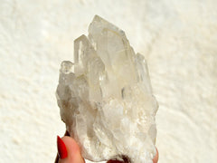 One large crystal quartz cluster on hand with white background 