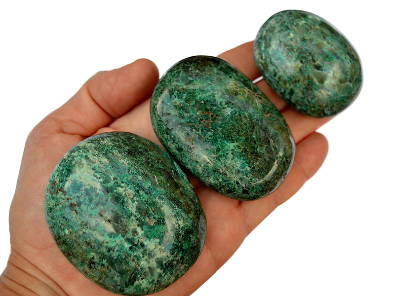 Three green chrysocolla palm stones 50mm-70mm on hand 