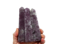 Three lepidolite obelisks stones 100mm on hand with white background