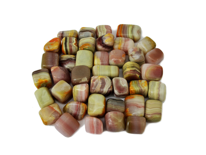 Several pink banded onyx tumbled stones 20mm-30mm on white background