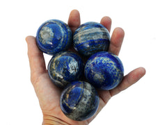 Five blue lapis lazuli sphere crystals 45mm-50mm on hand with wood background