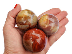 Three multicolor desert jasper sphere crystals 50mm - 55mm on hand with white background