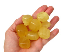 Eight lemon calcite tumbled minerals on hand with white background