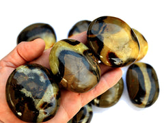 Three yellow septarian palm stones 60mm - 70mm on hand with background with some crystals on white