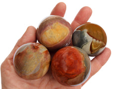 Four multicolor polychrome jasper sphere crystals 55mm - 60mm on hand with white background