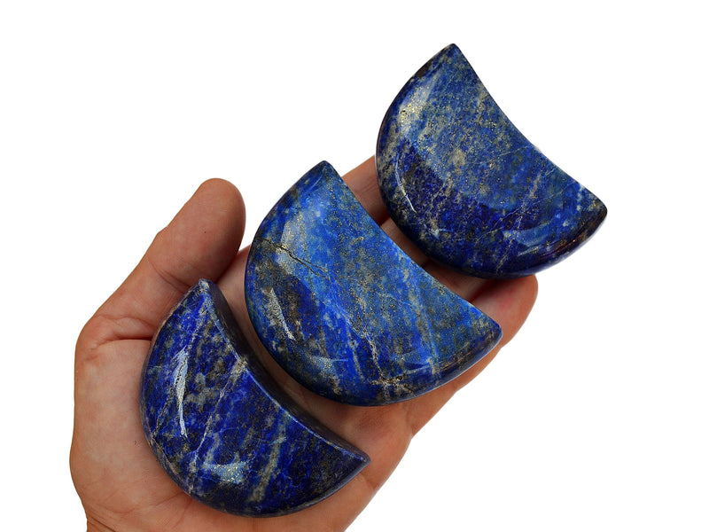 Three lapis lazuli moon carving crystals 65mm on hand with white background