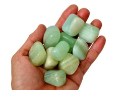 Ten pistachio calcite mini tumbled stones 20mm-30mm on hand with white background