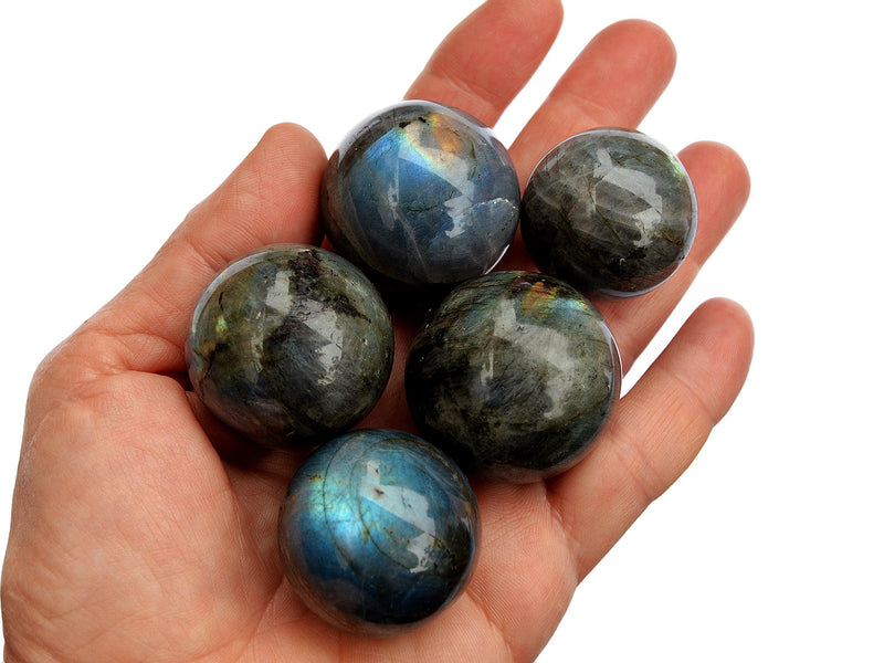 Five labradorite crystal balls 35mm-40mm on hand with white background