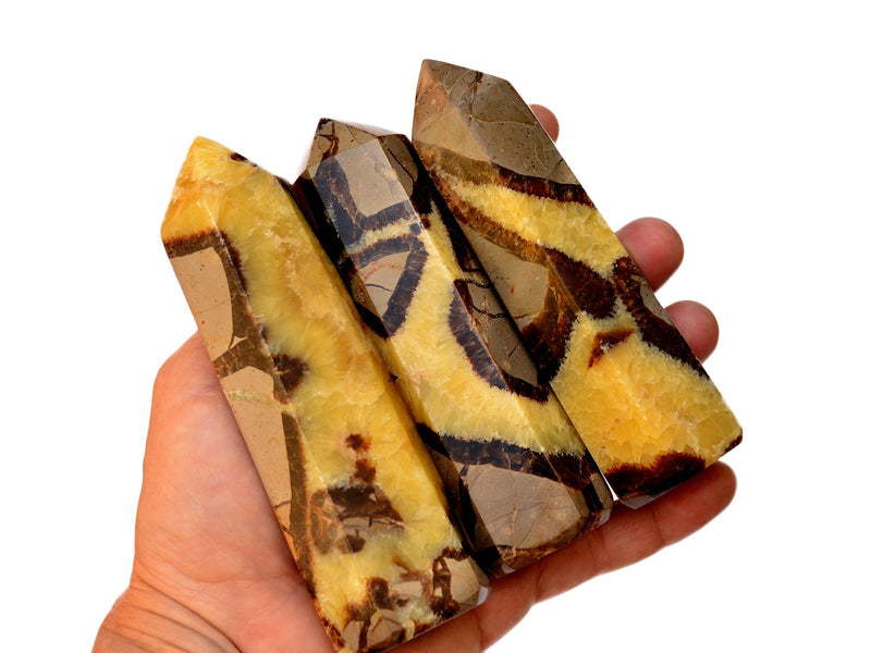 Three large septarian towers 120mm on hand with white background