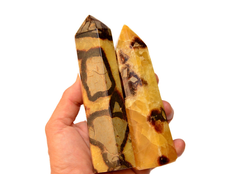 Two large yellow septarian towers 130mm on hand with white background