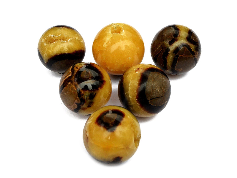 Six yellow septarian sphere minerals 55mm-60mm on white background