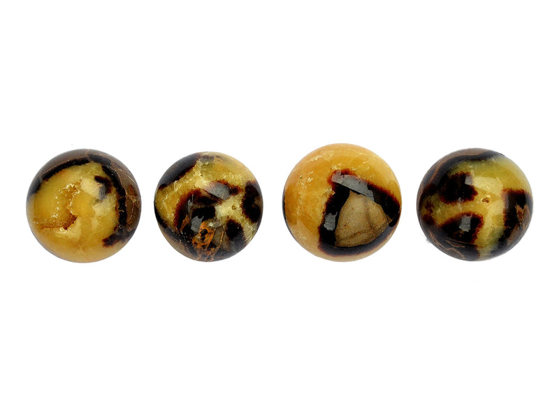 Four yellow septarian sphere minerals 45mm-50mm on white background