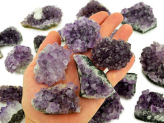Five amethyst druzy crystals 40mm-70mm on hand with background with some specimens on white