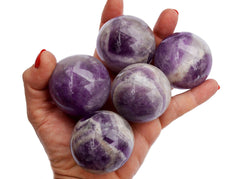 Five amethyst sphere stones 55mm-60mm on hand with white background