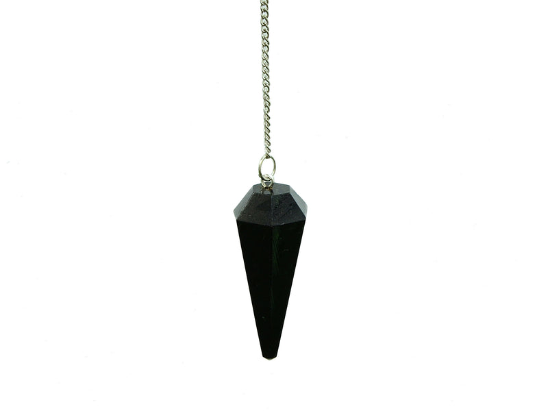 Black tourmaline faceted point pendulum with silver chain on a white background