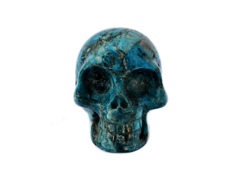 One blue apatite skull carved stone 75mm on white background