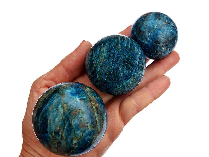 Three blue apatite crystal spheres 45mm-60mm on hand with white background