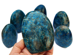 One large blue apatite free form crystal on hand with background with some stones on white