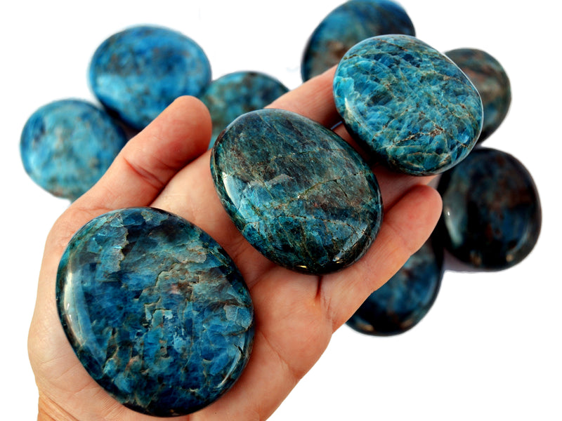 Three blue apatite palm stones 40mm-70mm on hand with background with some crystals on white