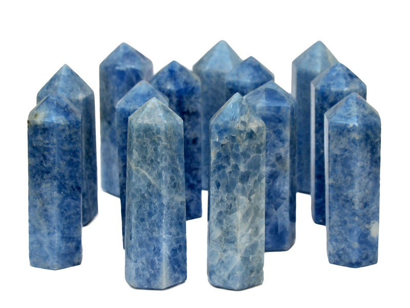 Several blue calcite towers 110mm-125mm on white background