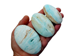 Three caribbean calcite palm stones 45mm-90mm on hand with white background