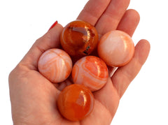 Five carnelian crystal spheres 25mm-40mm on hand with white background