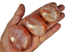 Three fire quartz palm stone crystals 40mm-70mm on hand with white background