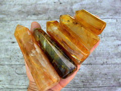 Five golden healer quartz points on hand with wood background