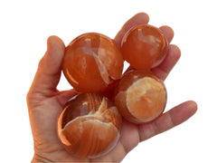 Four natural honey calcite crystal balls 35mm-55mm on hand with white background