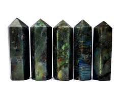 Five labradorite crystal towers 110mm on white background
