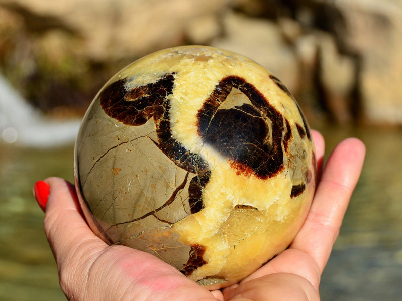 Large yellow septarian sphere crystal 95mm on hand with river landscape background