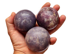 Three lepidolite spheres 50mm-60mm on hand with white background