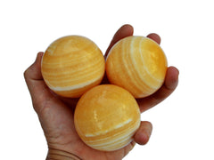 Three orange calcite spheres 55mm-65mm on hand with white background