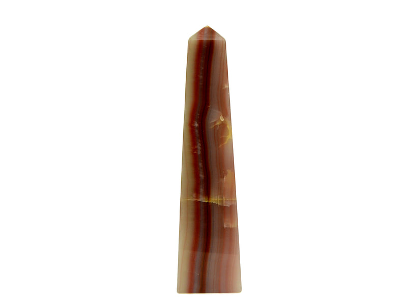 Extra large pink banded onyx obelisk 250mm on white background