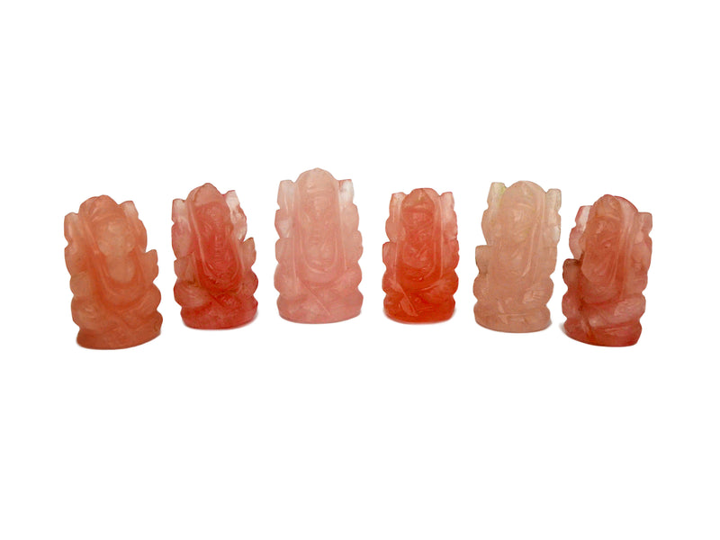 Six mini pink quartz ganesha sculptures 30mm-35mm on white