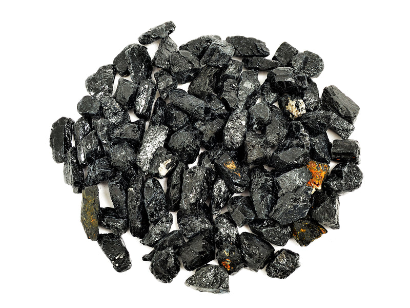 Several raw black tourmaline crystals 20mm-55mmm on white background