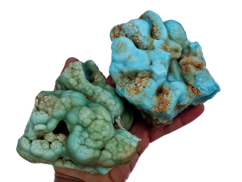 Two large blue aragonite mineral rock raw on hand with white background