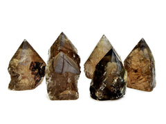Six smoky quartz points 65mm-95mm on white background