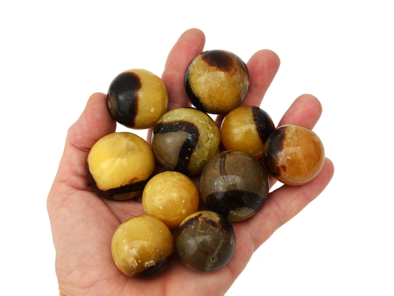 Some yellow septarian sphere stones 25mm-35mm on hand with white background