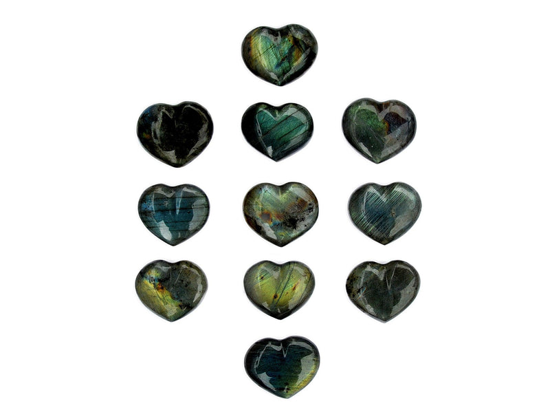 Some flash labradorite puffy heart crystals 30mm on white background
