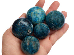 Five blue apatite sphere crystals 25mm - 40mm on hand 