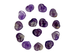 Several purple puffy crystal hearts 30mm forming a circle on white background