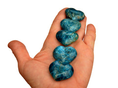 Five blue apatite heart stones 30mm on hand