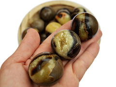 Three yellow septarian minerall spheres 30mm on hand with background with some spheres inside a bowl 