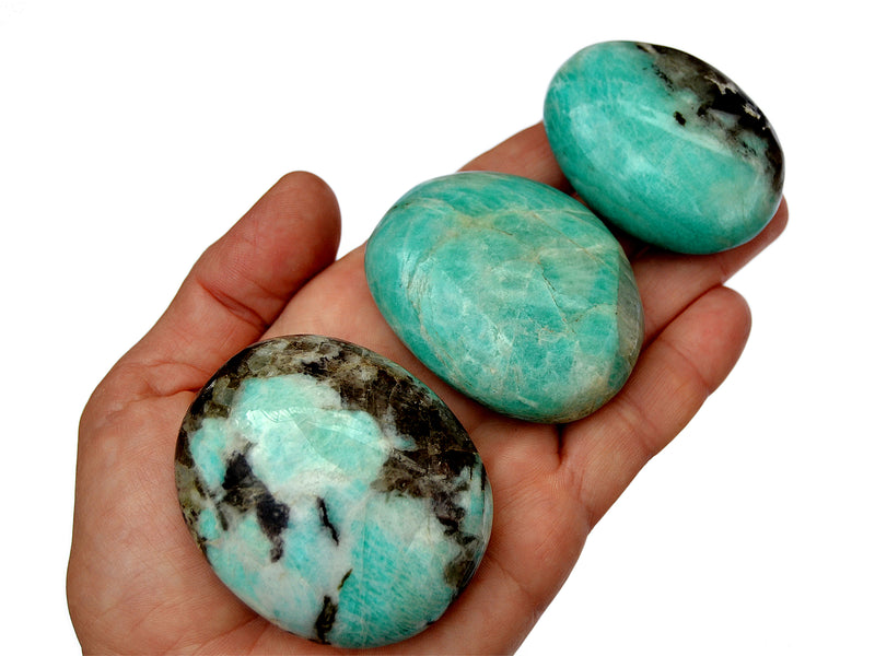 Three amazonite palm stones 60mm-40mm on hand