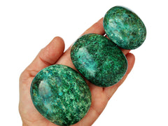Three green chrysocolla palm stones 75mm-40mm on hand