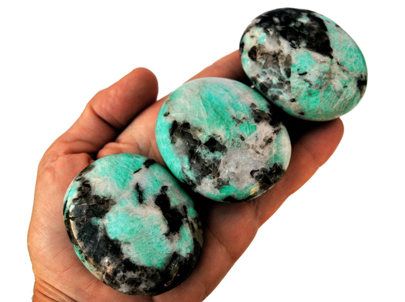 Three amazonite palm stone crystals 60mm-40mm on hand 